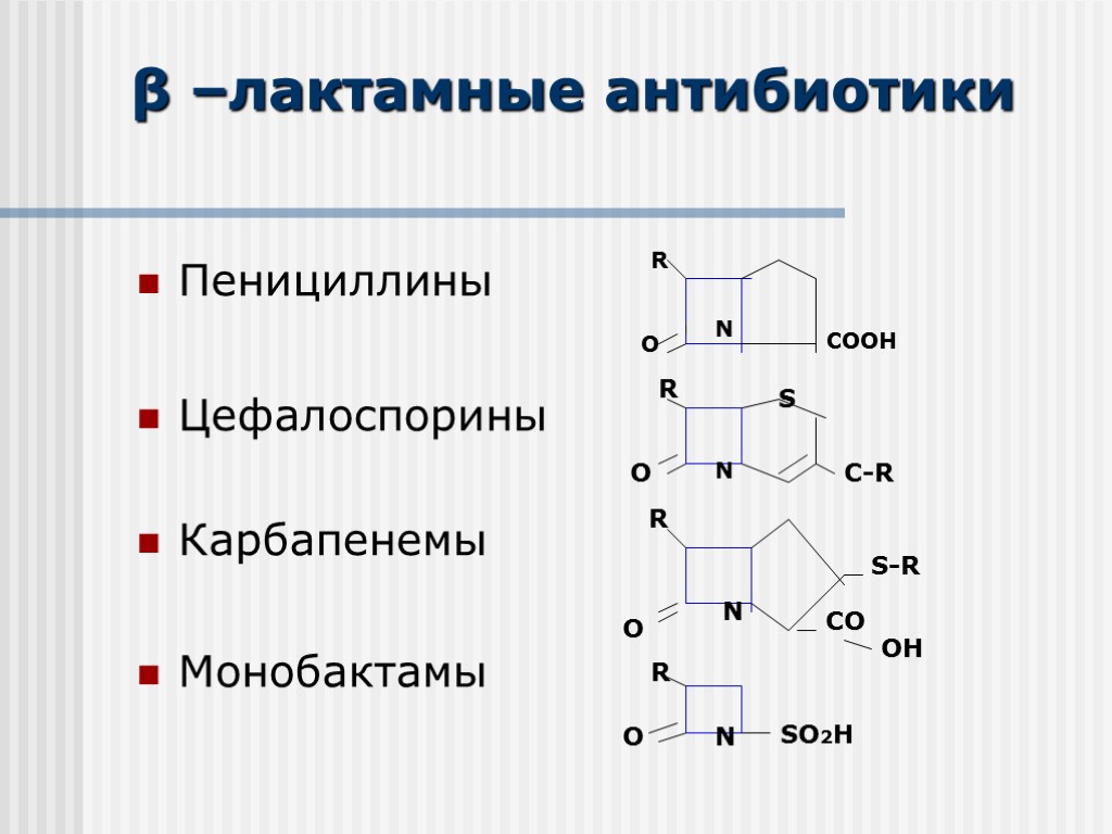 Пенициллины Цефалоспорины Карбапенемы Монобактамы β –лактамные антибиотики R O N COOH O R N